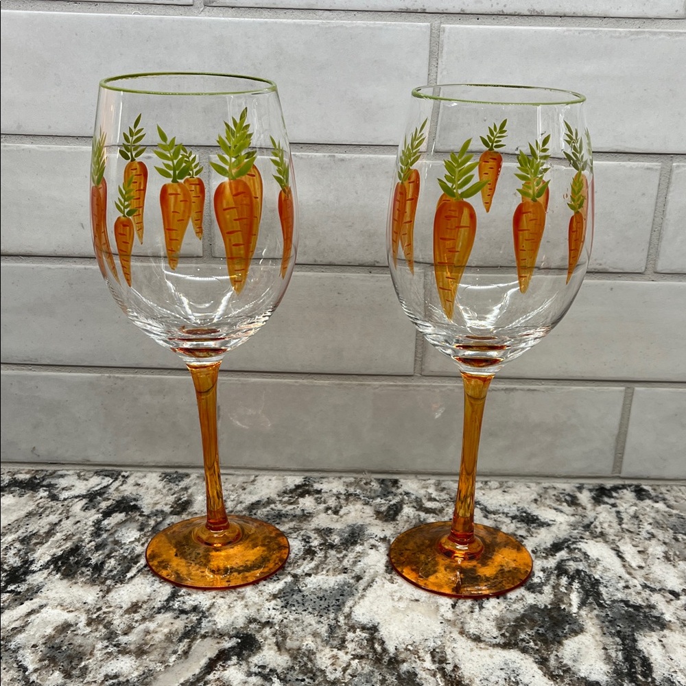 NEW Pair of Pier 1 Orange and Green Carrot Wine Glasses